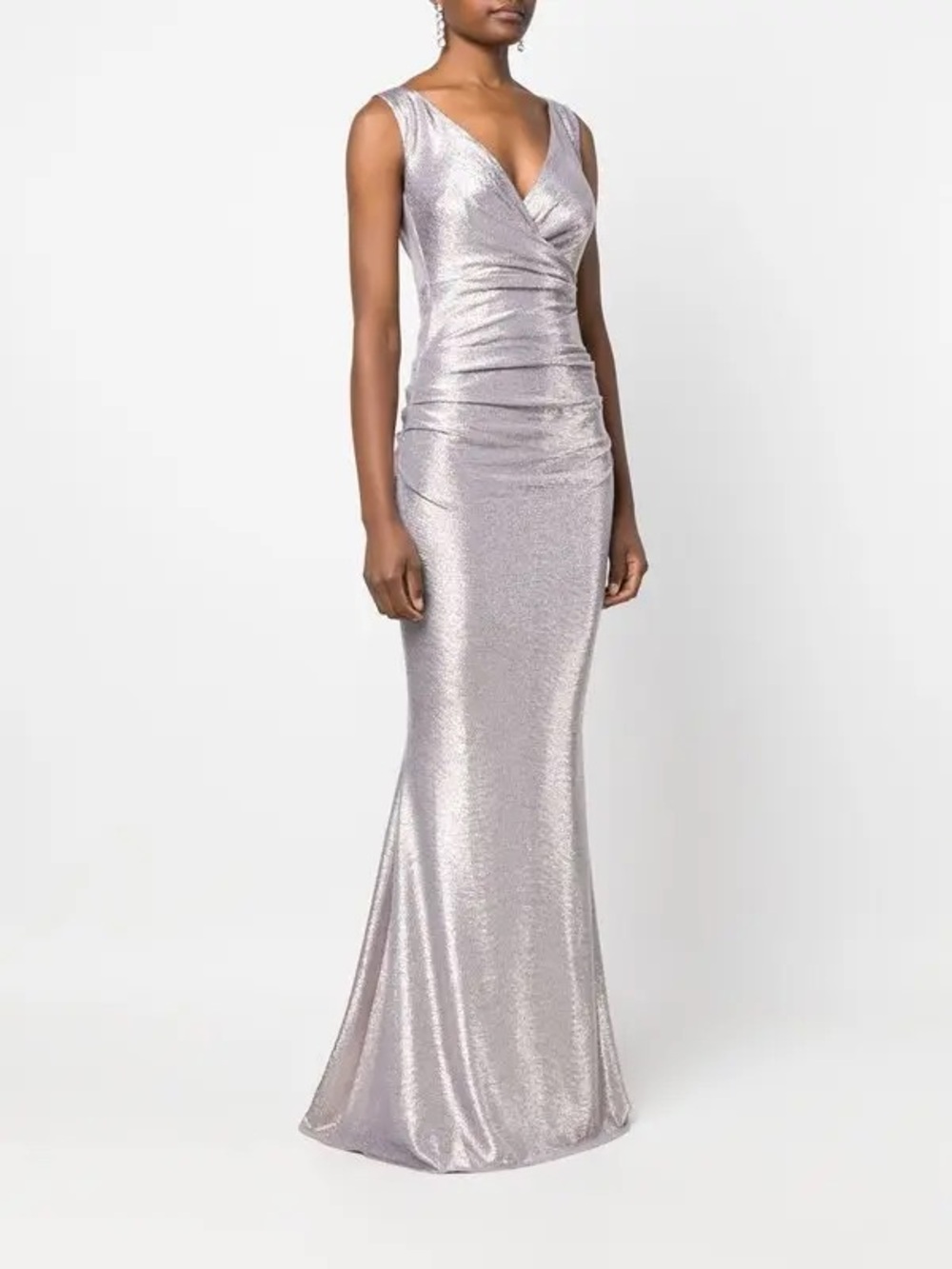 Talbot runhof Silver Metallic V-Neck Ruched Maxi Gown